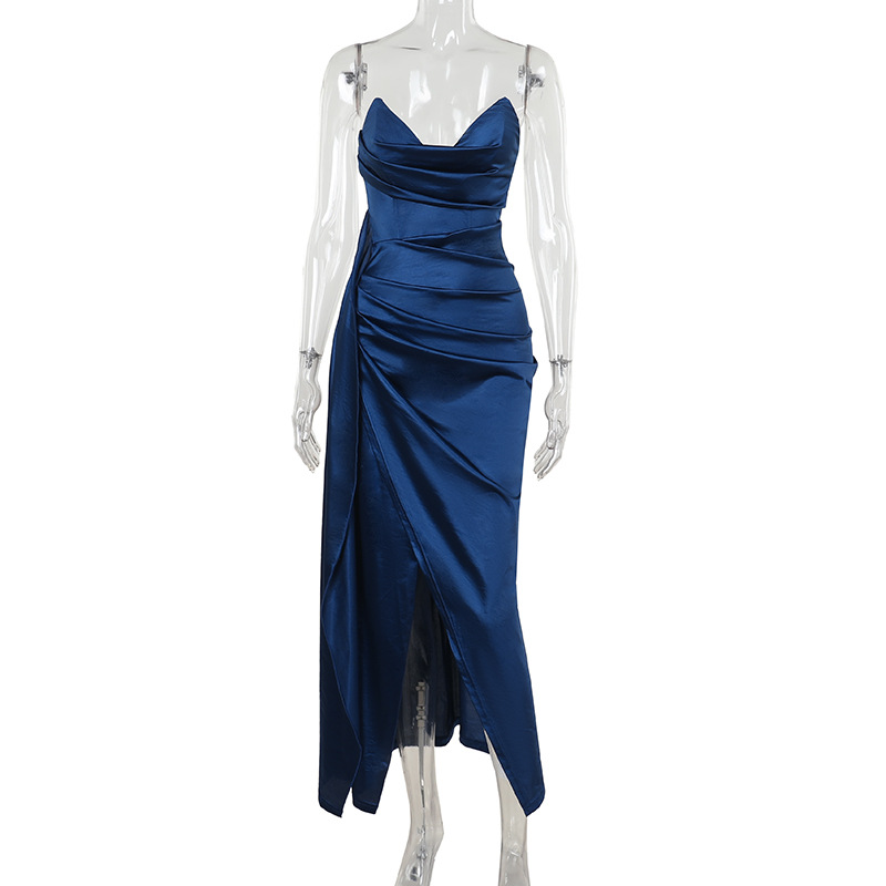 Custom-fitted slim-fit deep V-neck satin slit dress-105 - Image 4