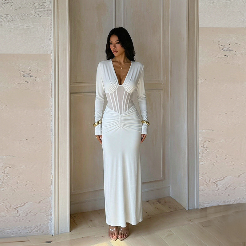 Custom-made lace-trimmed V-neck fitted long-sleeved dress - 150