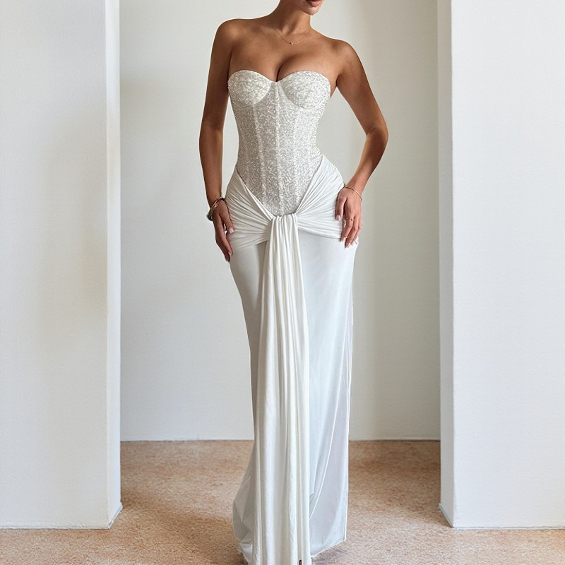 Custom-made new fitted waist strapless elegant dress-165