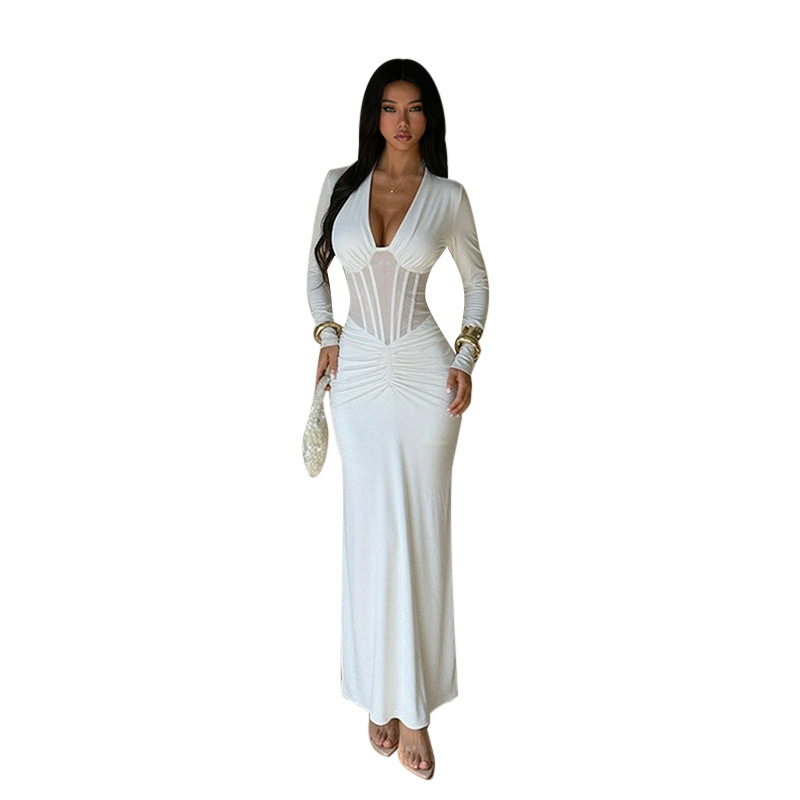 Custom-made lace-trimmed V-neck fitted long-sleeved dress - 150 - Image 4