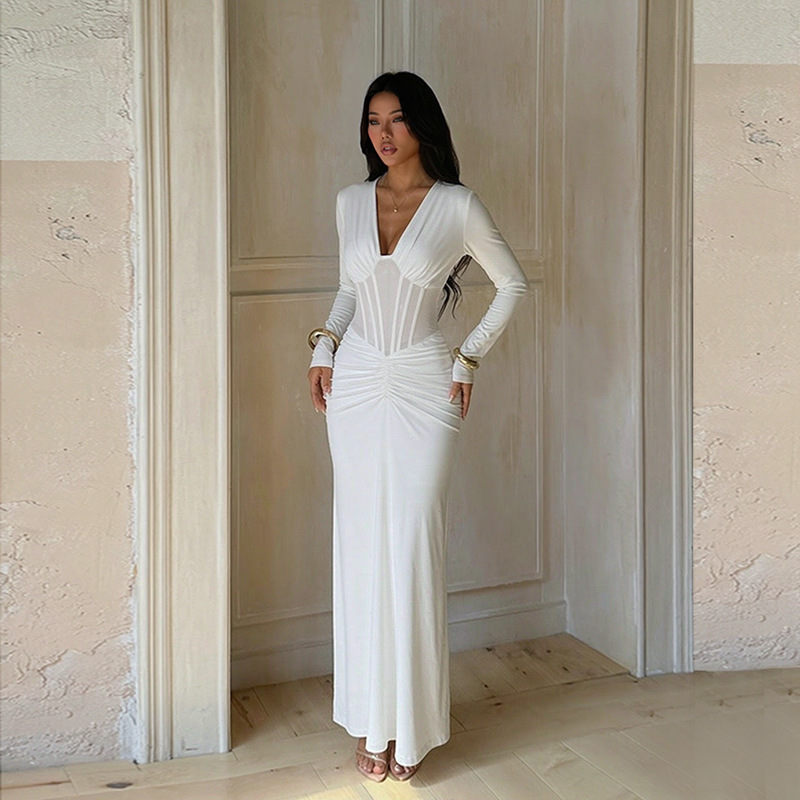Custom-made lace-trimmed V-neck fitted long-sleeved dress - 150 - Image 3